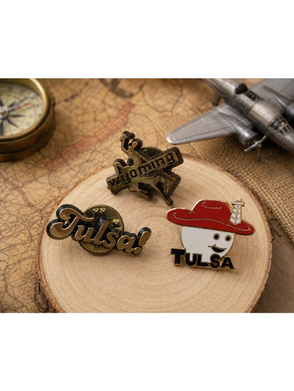 Vintage Lot of 3 Tulsa Wyoming Collectible Souvenir Pins Travel Bull Rider